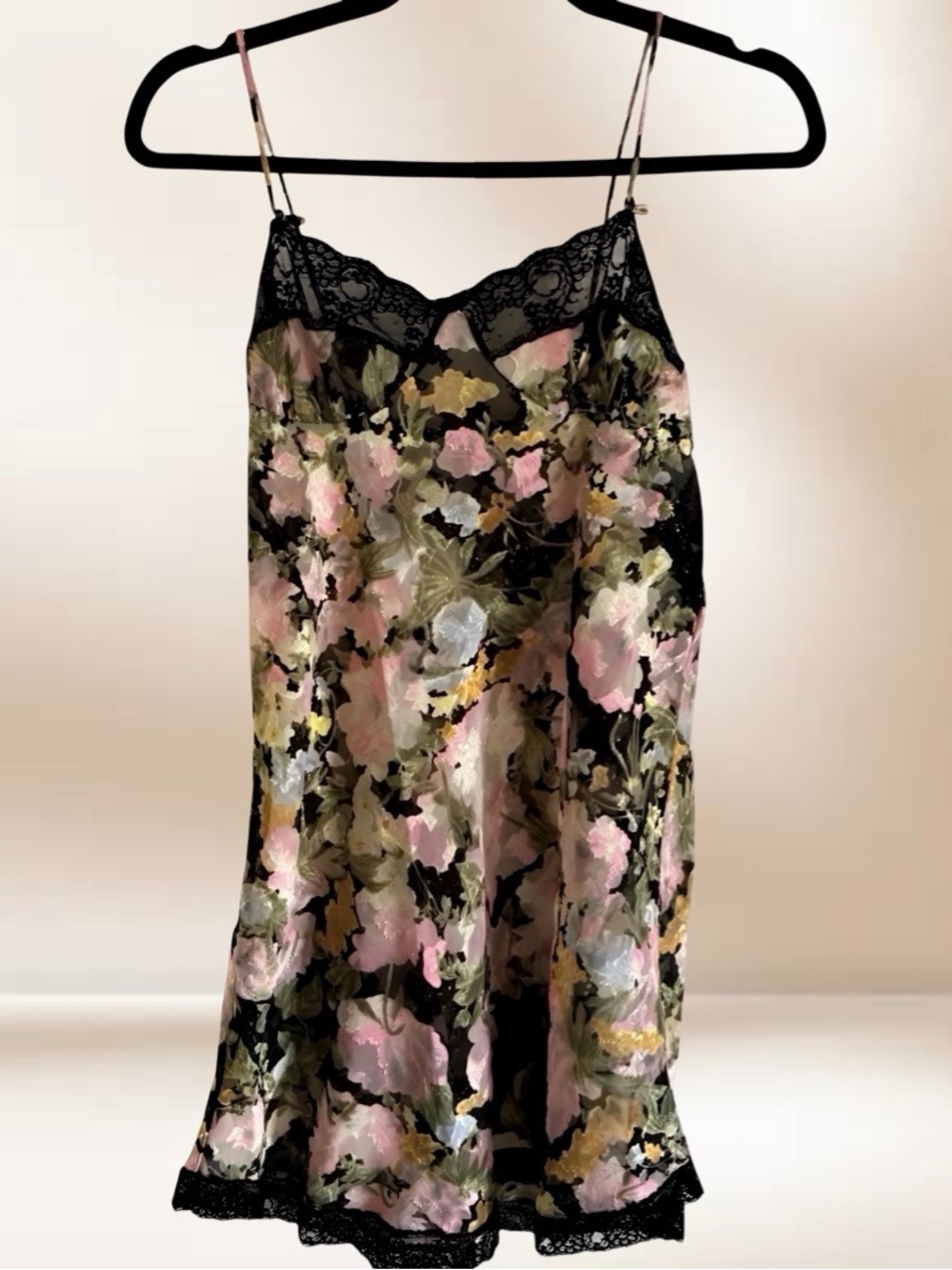 Vintage Lucie Ann II Floral Satin Slip with Black Lace Trim M/L